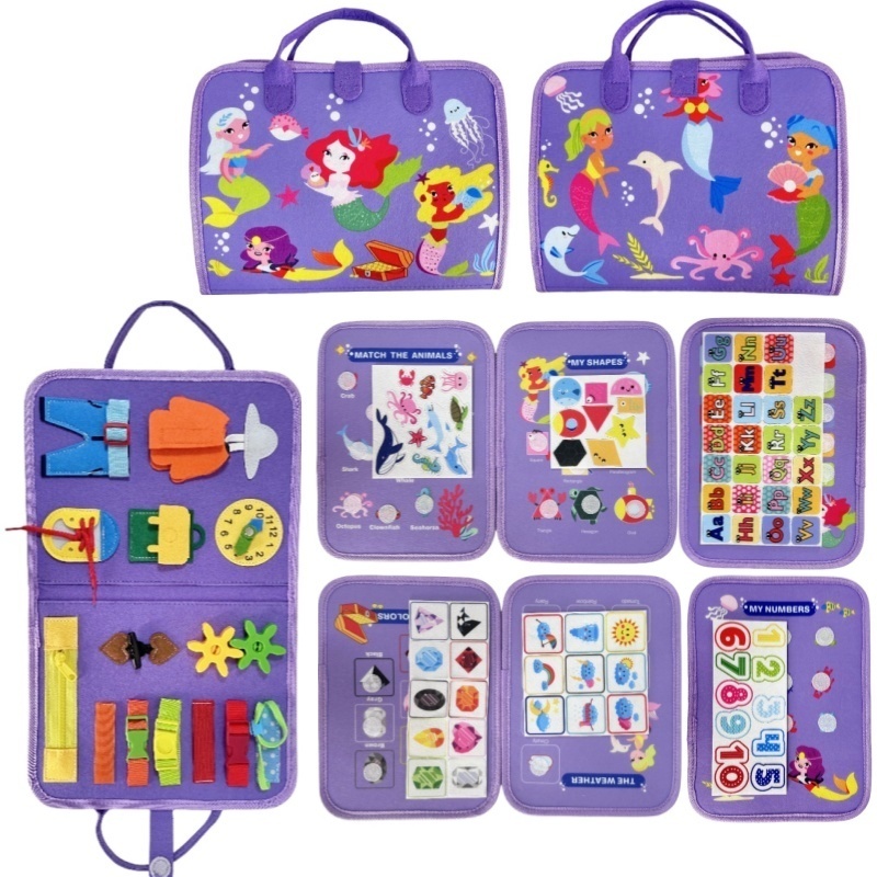 Kids Zip Toys - Meerjungfrauen-Filz-Beschäftigungsbrett für Kleinkinder, Reißverschluss-Knopf-Feinmotorik-Spielzeug, Tierformen Farben