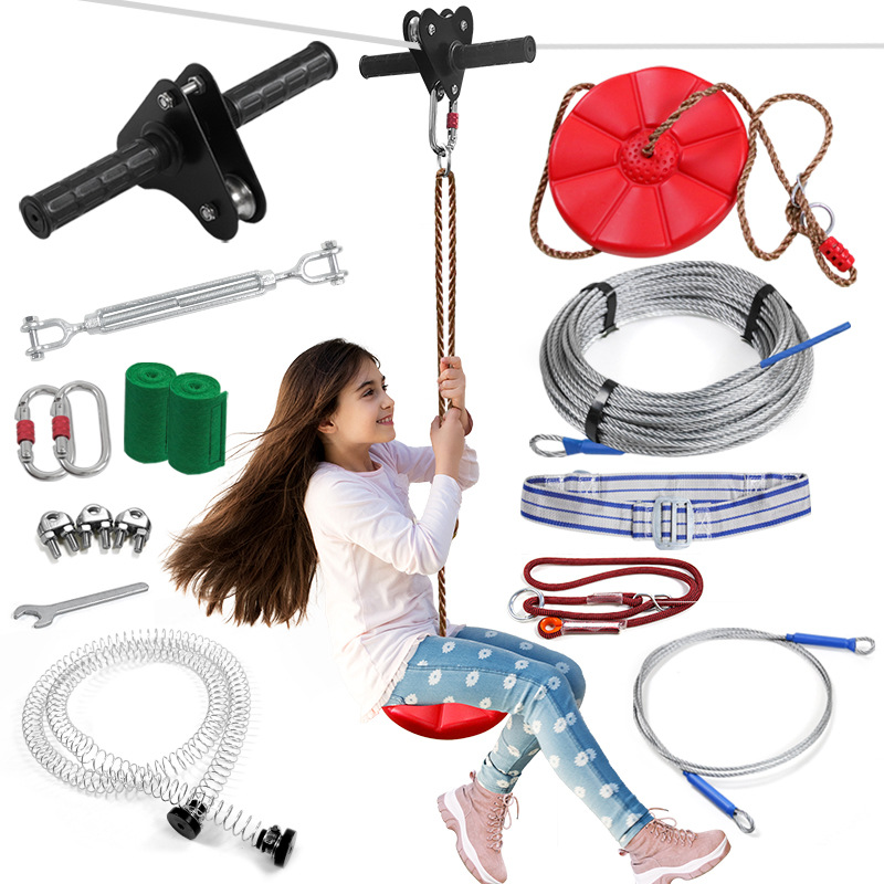 Kids Zip Toys - Kinder-Seilrutschset mit Scheibenschaukelsitz, Garten-Spielplatz-Seilrutsche, Kabelset, Sicherheitszubehör,